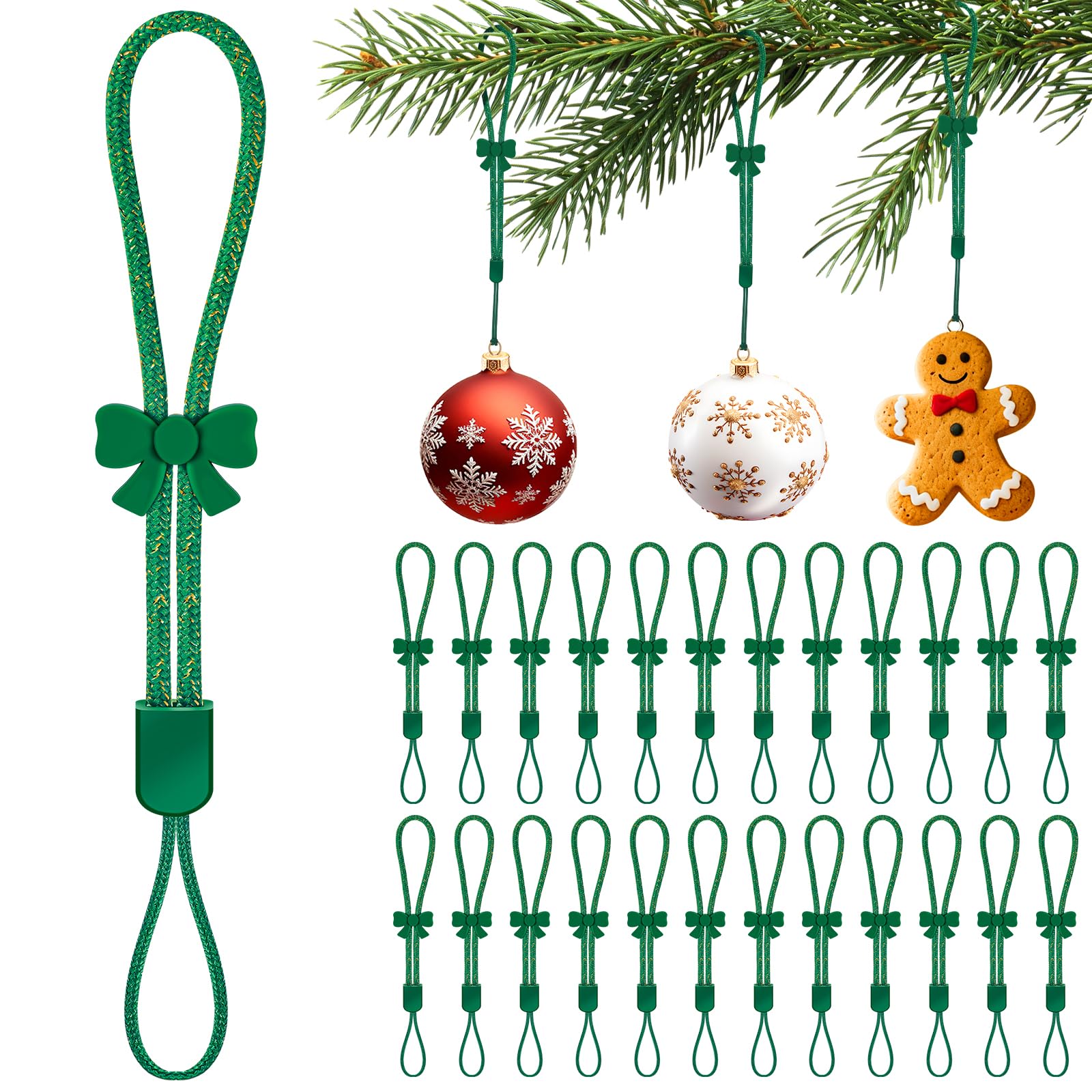 36 Pcs Adjustable Christmas Ornament Hooks, No-Slip Cat Child Proof Ornament Hangers String for Hanging Christmas Tree Decorations, Strong Accessorie for Small & Large Ornaments(Shiny Green)