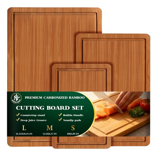 Bamboo Cutting Board Set, Wood Chopping Boards with Juice Groove & Non-Slip Feet, Large Wooden Boards for Meat, Cheese Charcuterie, Kitchen Gifts for Mom