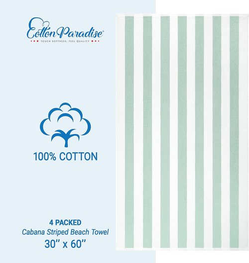 Cotton Paradise Cabana Stripe Beach Towels - Extra Large 30x60 Inches, Soft & Quick Dry, Mint (4 Pack)