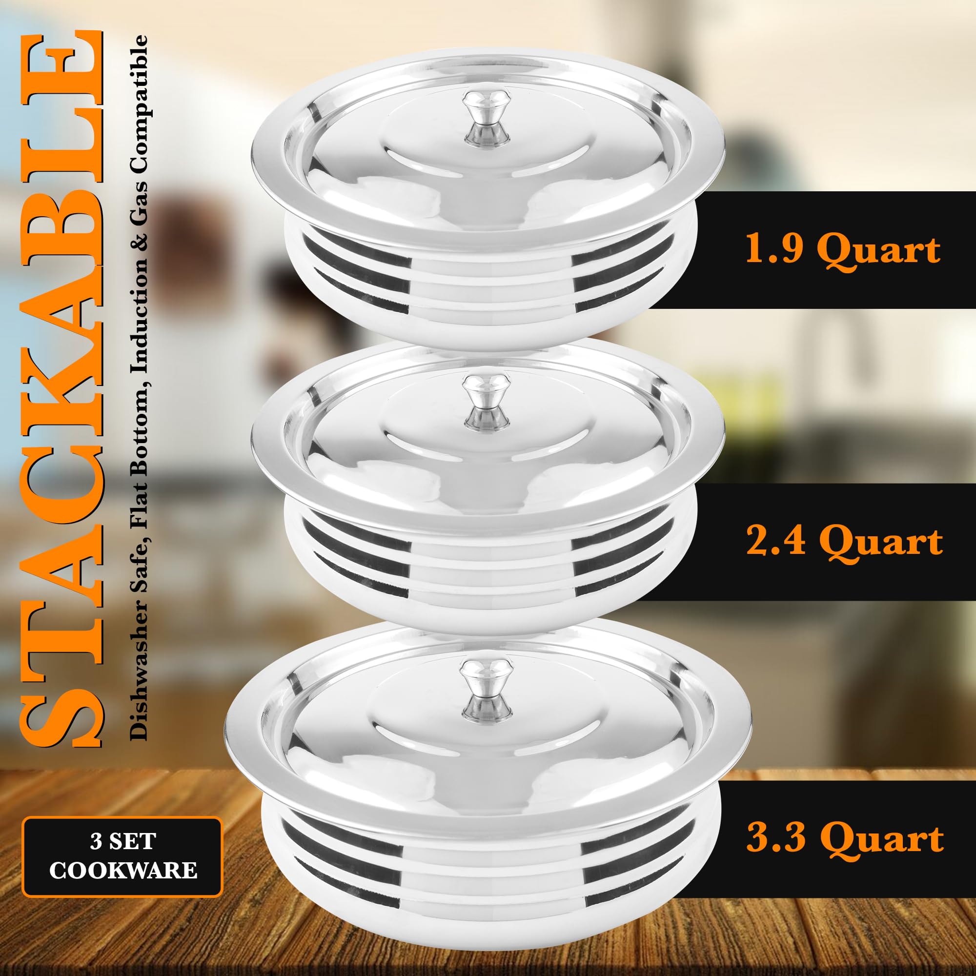 CRAFTONE Stainless Steel Heavy Duty Induction Cooking Pot Cook and Serve Handi With Lid Set of 3 pcs, Premium Steel Tope, Patila Handi for both cooking and serving (1.9 Qt, 2.4 Qt and 3.3 Quart)