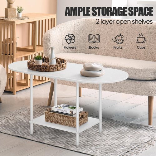 White Coffee Tables for Living Room,Mid Century Oval Center Table with Storage Shelf and Wood Tabletop,2-Tier Modern Narrow Cocktail Tea Table for Small Space,Small Apartment