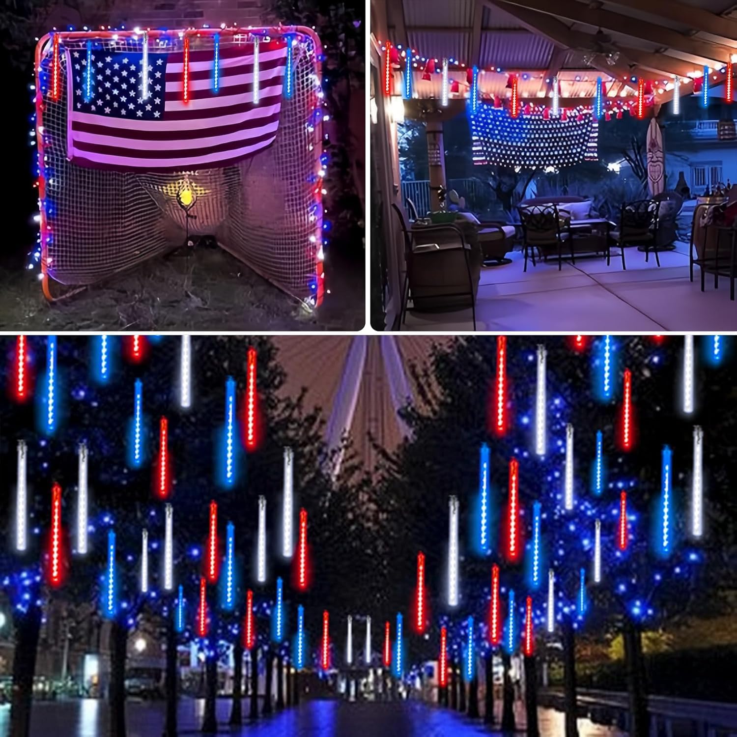 Skiennix 4th of July Outdoor Decorations - 250th Anniversary Solar Meteor Shower Lights | 18 Tubes, 432 LEDs, Waterproof