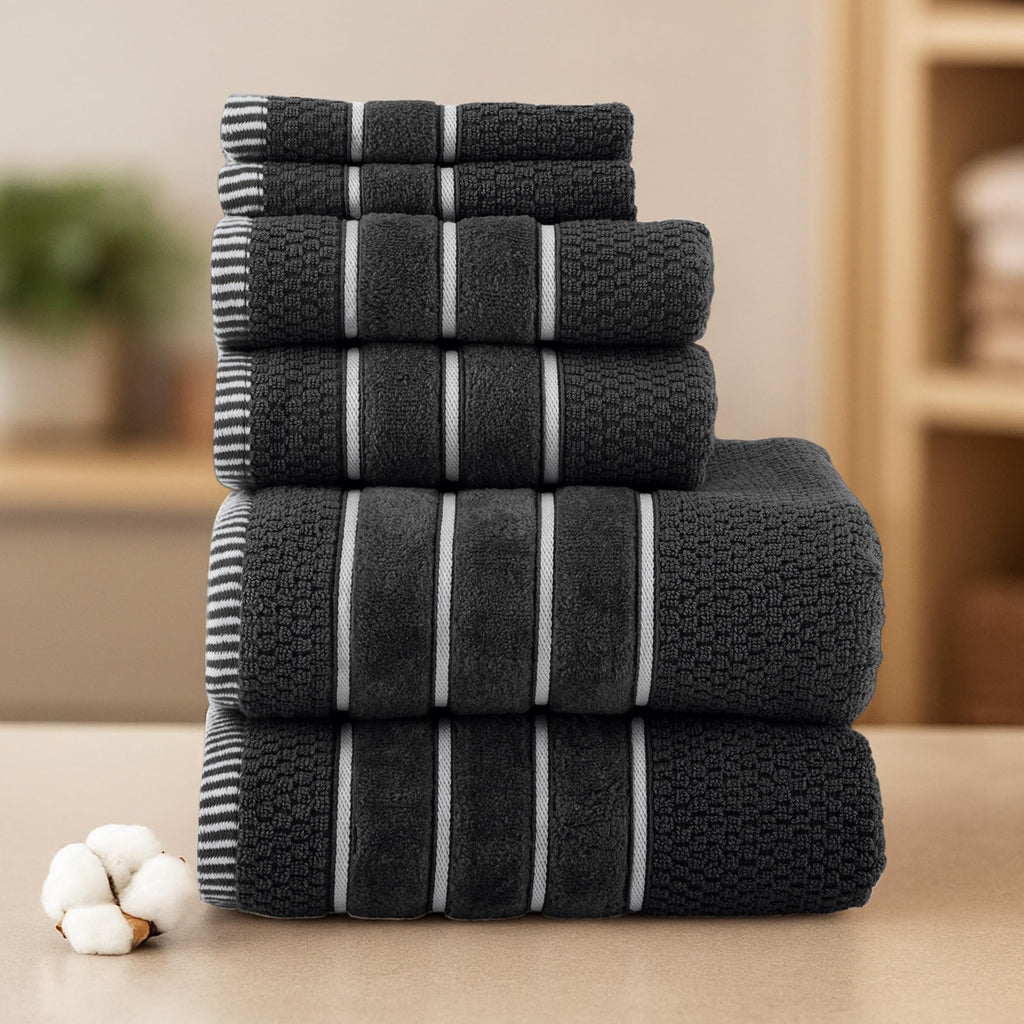 Luxury Cotton Towel Set - Rice Weave 100% Egyptian Cotton 6 Piece Set with 2 Bath Towels, 2 Hand Towels and 2 Washcloths - Black