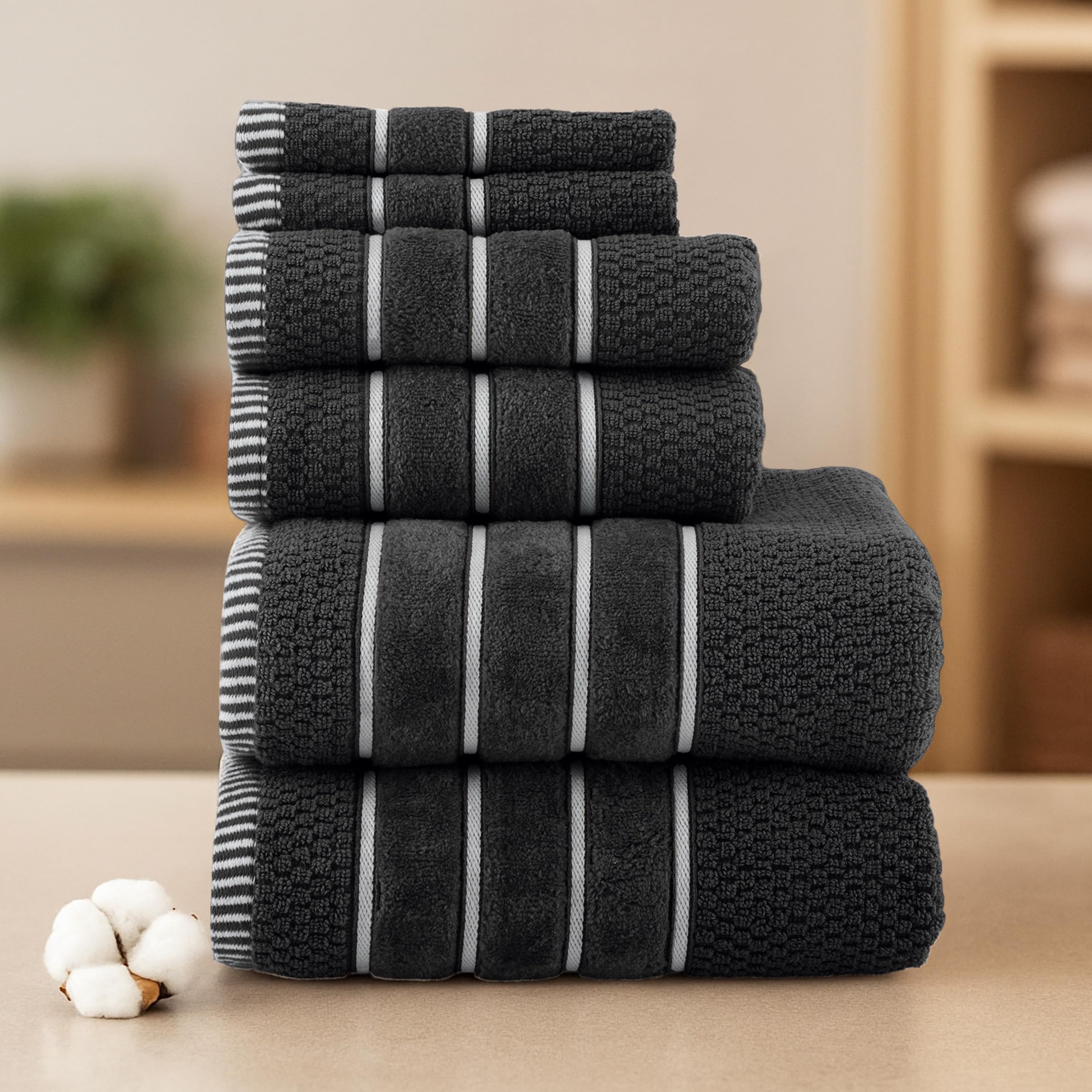 Luxury Cotton Towel Set - Rice Weave 100% Egyptian Cotton 6 Piece Set with 2 Bath Towels, 2 Hand Towels and 2 Washcloths - Black