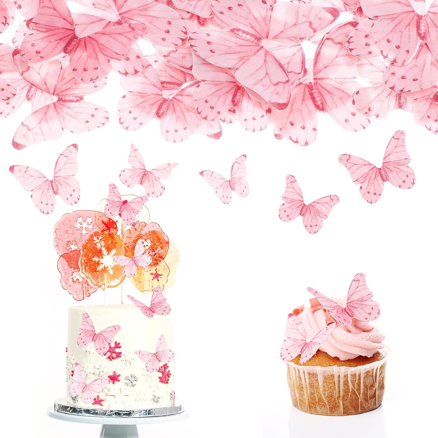 Skiennix Pink Butterfly Cake Decorations - 40 Edible Wafer Paper Cupcake Toppers for Parties