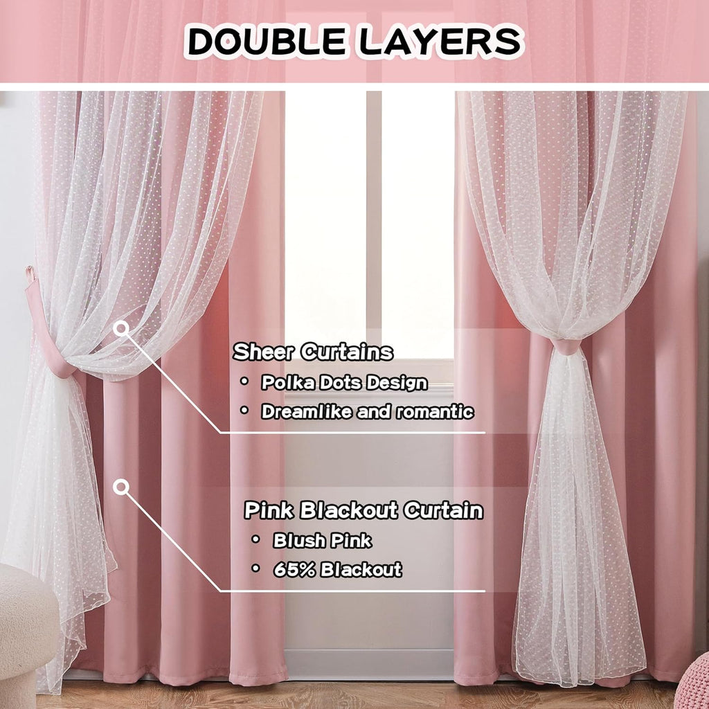 MYSKY HOME Pink Blackout Curtains - Double Layer Polka Dot Drapes for Girls' Bedroom | 52x84 Inch, 2 Panels