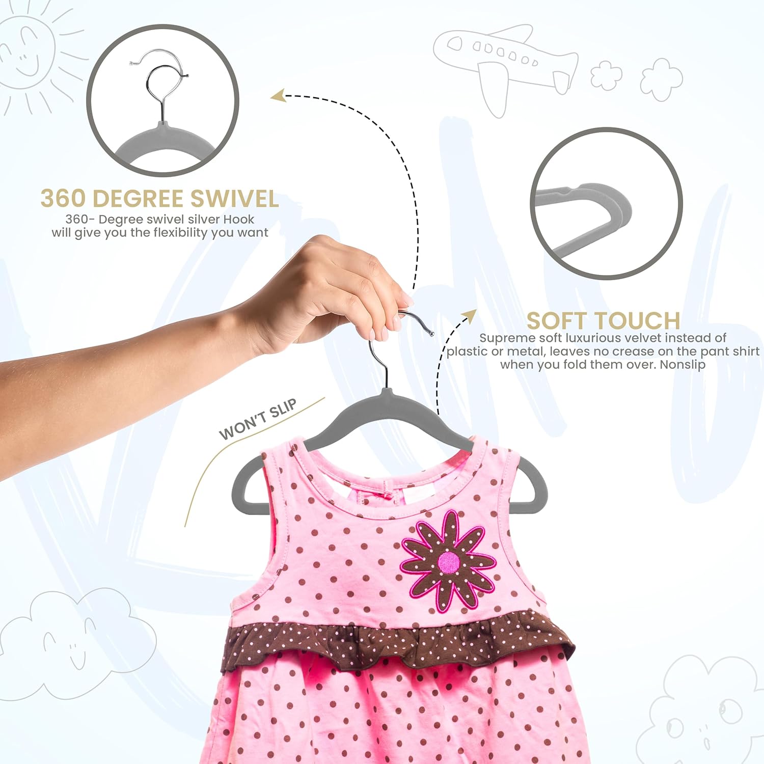Utopia Home Velvet Hangers - 20 Pack Non-Slip Baby Hangers for Kids | 11 Inch Ultra-Slim Grey Closet Organizers