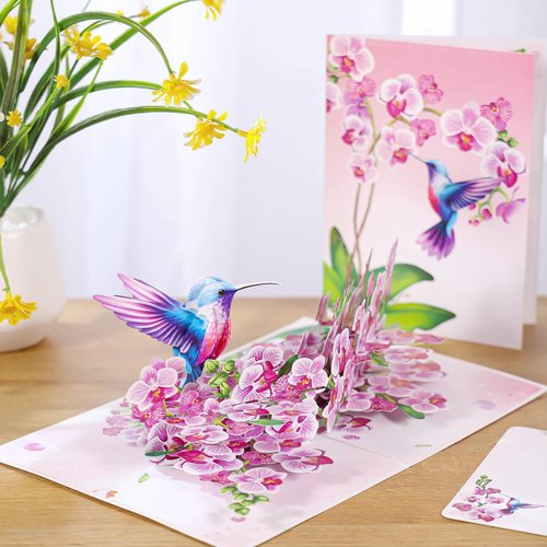 Hummingbird Pop Up Mothers Day Cards, 3D Purple Orchid Birthday Card For Women, Mom, Ideal Gift for Mothers Day, Thank You, Birthday, Thinking of You, All Occasion for Her, Sister, Grandma, Daughter