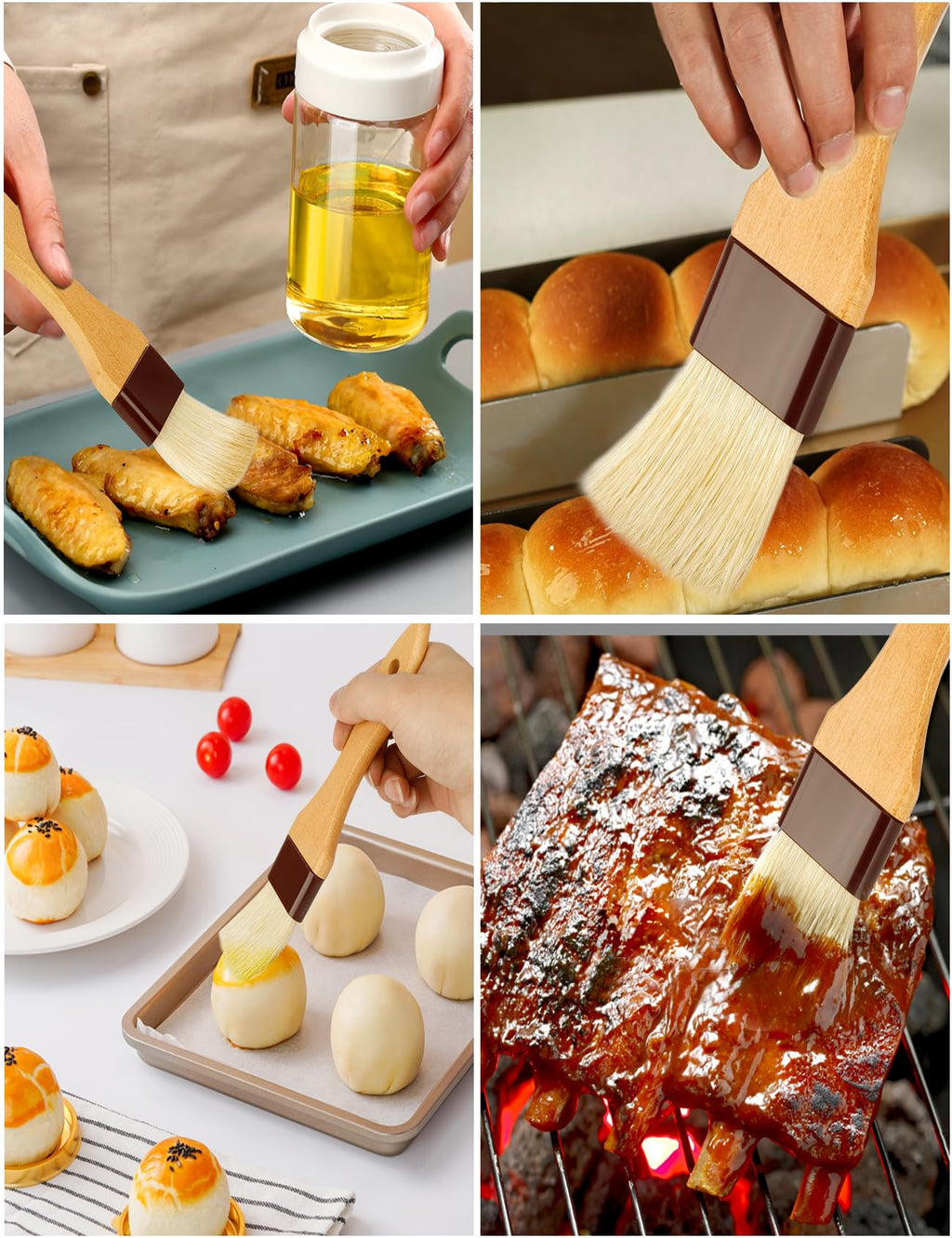 Pastry Brush,Basting Brush 2 in-Natural Boar Bristle Basting Brush for Cooking,Food Grade Brushes for Baking,Heat Resistant to Spread Oil,Sauce,Butter,Flour,Egg Wash Marinades for BBQ Barbecue(2 pc)