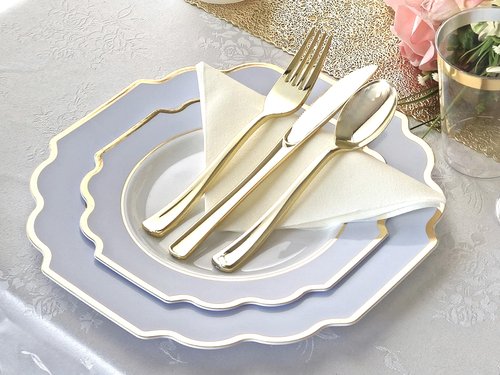 " OCCASIONS " 150 Piece set (25 Guests)-Wedding Plastic Plates & cutlery -Disposable heavyweight Dinnerware 10.5'', 8'' + Silverware w/double fork (Imperial in White/Blue & Gold)