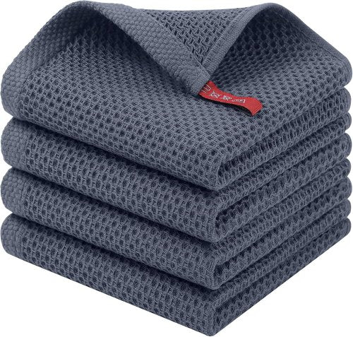 Homaxy 100% Cotton Waffle Weave Dish Cloths - Ultra Soft & Absorbent 4-Pack | Quick Drying, Dark Grey, 12 x 12 Inches
