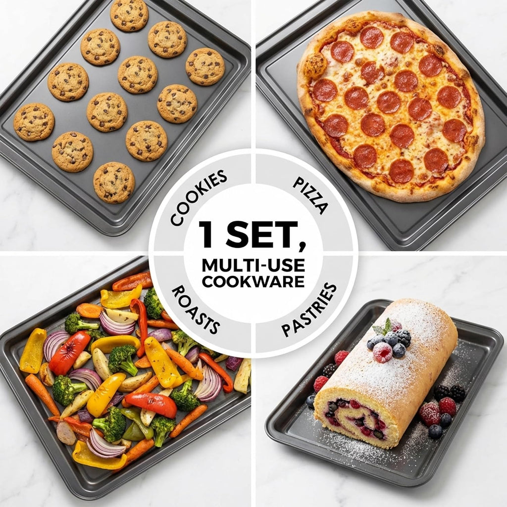 PERLLI Non-Stick Baking Pan Set - 3-Piece Carbon Steel with Even Heat Distribution, Oven Safe to 446°F | Gray