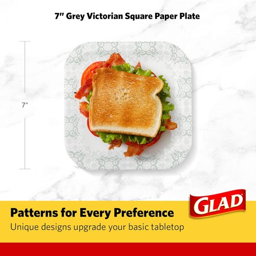 Glad Heavy Duty Paper Plates - Soak Proof & Cut Proof Disposable Plates | 7 Inch, Grey Victorian Pattern, 50 Count