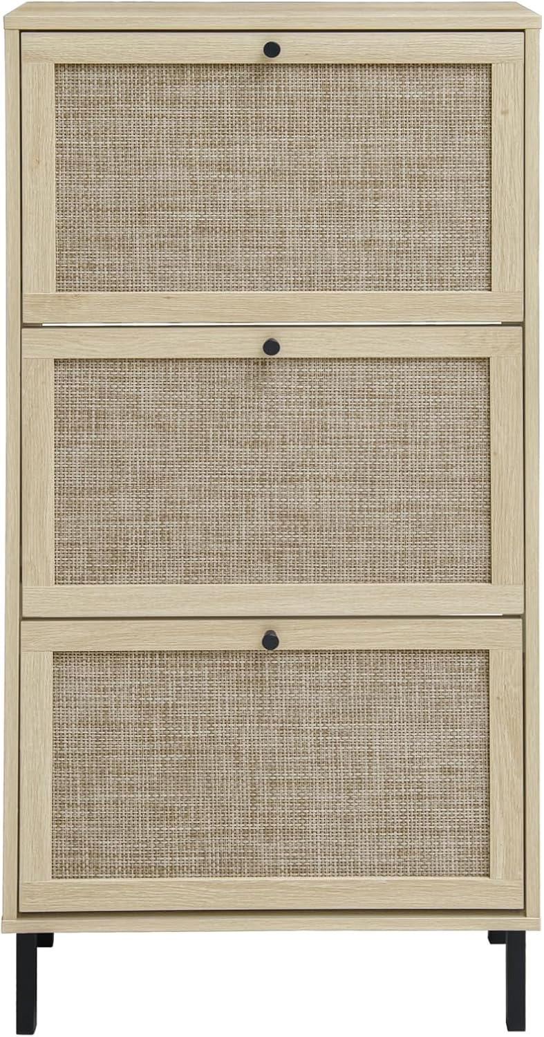 ZeHuoGe Natural Rattan Shoe Storage Rack - Modern 3-Tier Cabinet with 3 Flip Drawers for Entryway