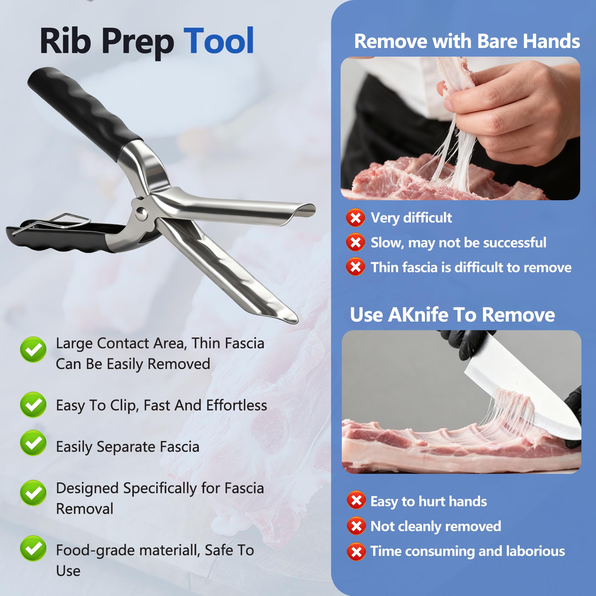UoeRing Rib Membrane Remover Tool - Upgraded Thick 304 Food-Grade Stainless Steel with Ergonomic Full-Rubber Grip for Effortless BBQ Rib Prep, Pork Rib Skinner, and Meat Preparation