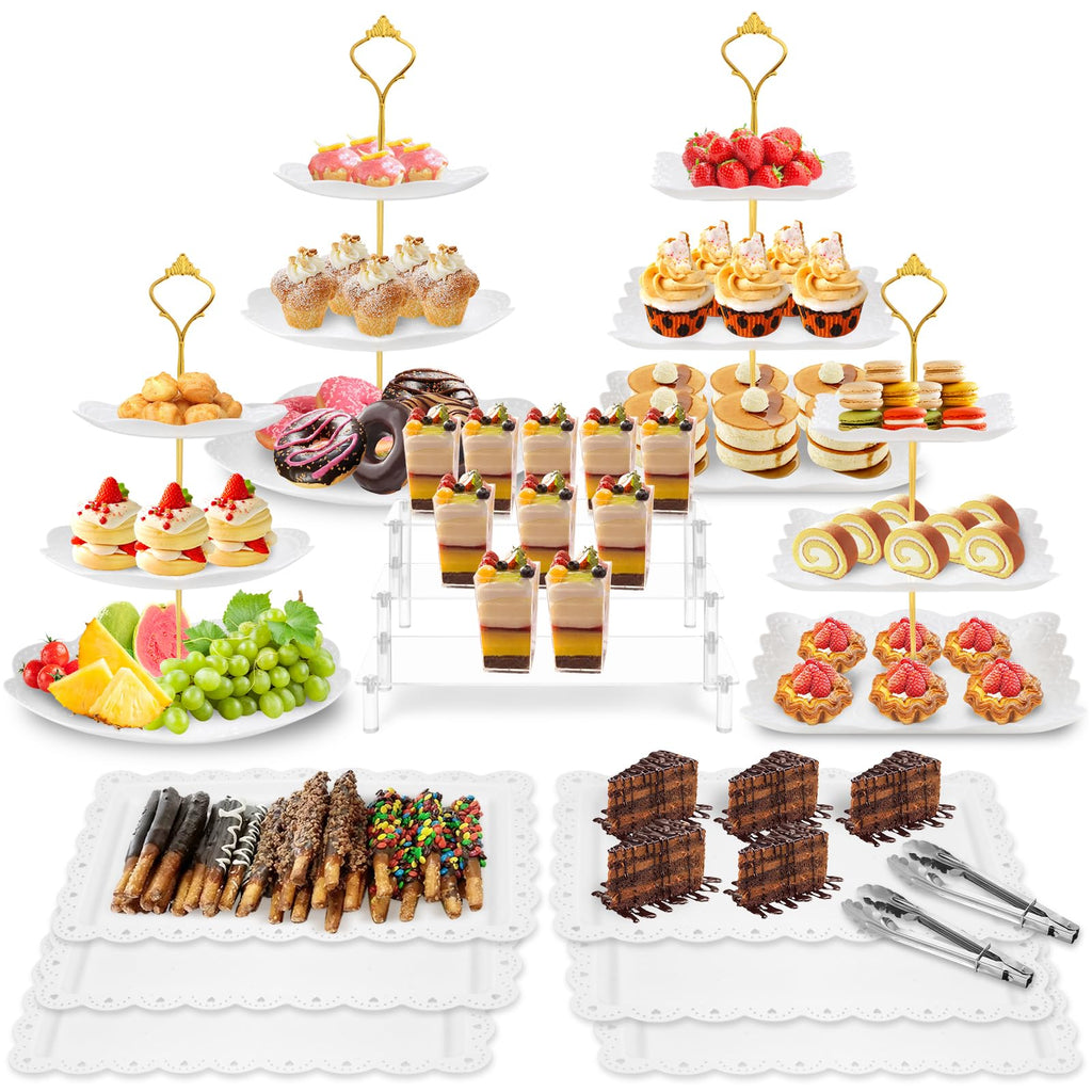 Xoogifae 13pcs Dessert Table Display Set, 4pcs Tiered Cupcake Stand Holder Tower, 1pc Acrylic Dessert Display Riser, 6pcs Serving Trays, 2pc Tong Combo For Wedding Party Birthday Bride Baby Shower