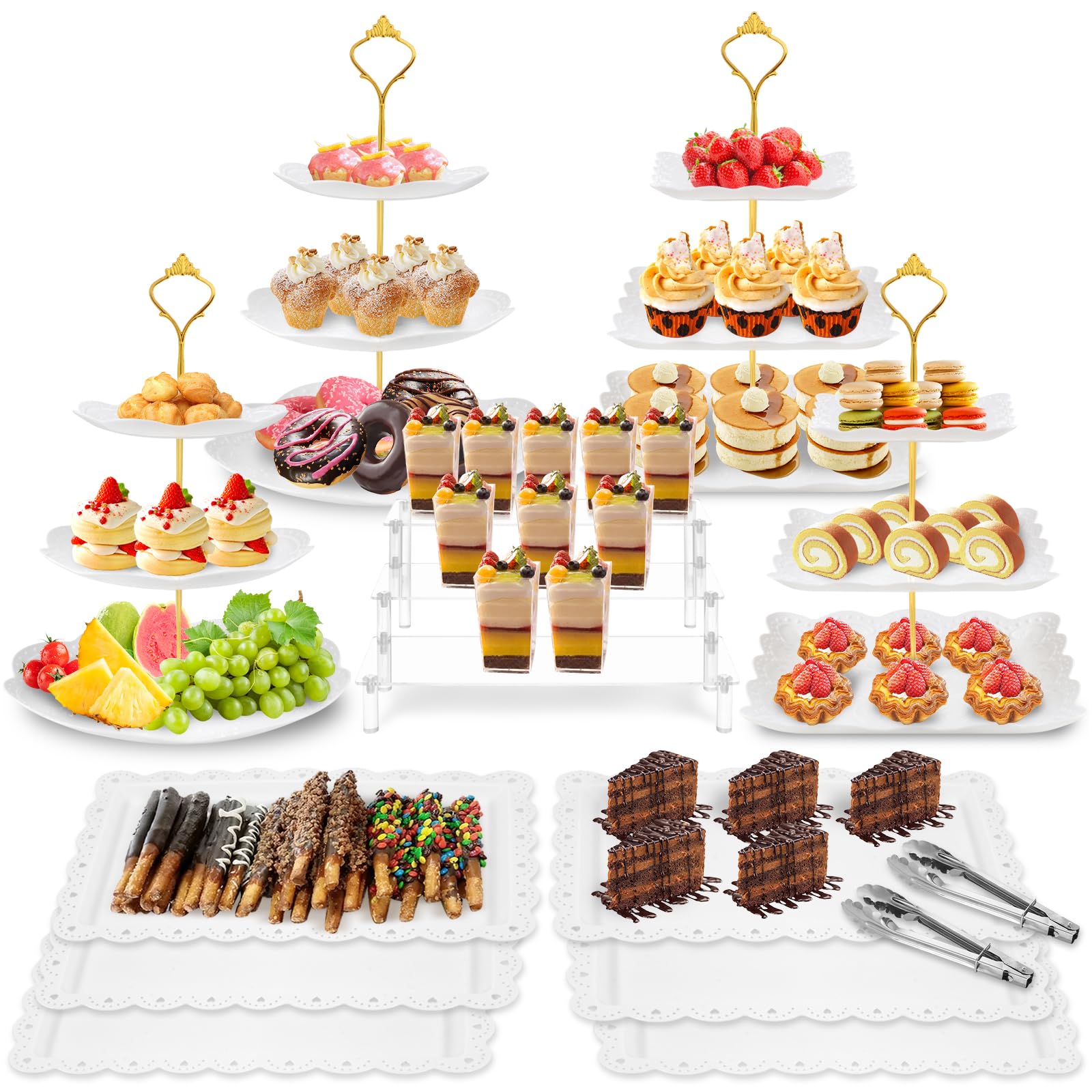 Xoogifae 13pcs Dessert Table Display Set, 4pcs Tiered Cupcake Stand Holder Tower, 1pc Acrylic Dessert Display Riser, 6pcs Serving Trays, 2pc Tong Combo For Wedding Party Birthday Bride Baby Shower