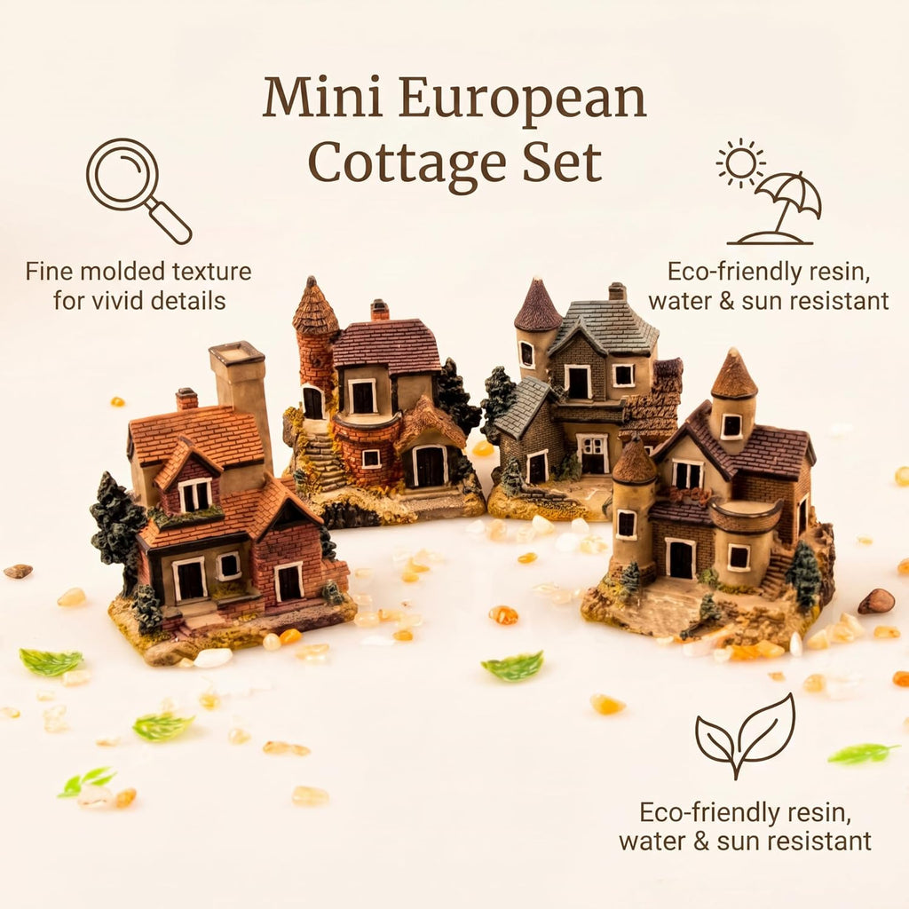 Skiennix Miniature House Fairy Garden Ornaments - 4PCS Resin Stone Village Decor for Terrariums