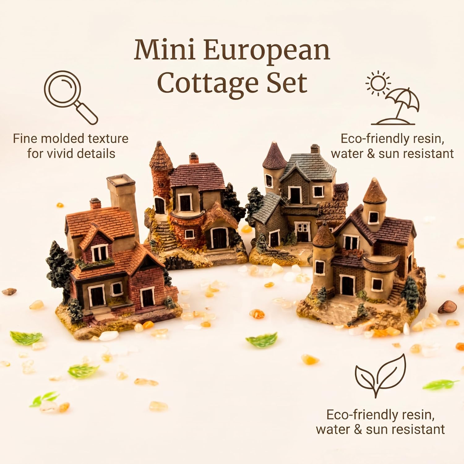 Skiennix Miniature House Fairy Garden Ornaments - 4PCS Resin Stone Village Decor for Terrariums