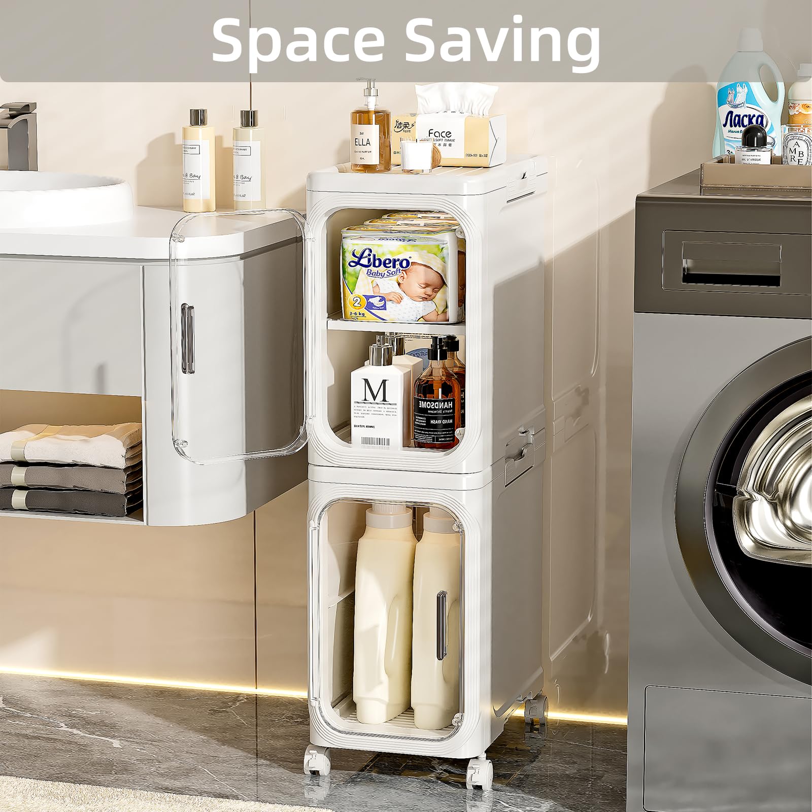 JOYZAN Narrow Bathroom Storage Cabinet with Movable Wheels, Slim Storage Cabinet with 2 Doors & Removable Panel, Skinny Bathroom Organizers and Storage for Small Space, Corner, Kitchen, Laundry