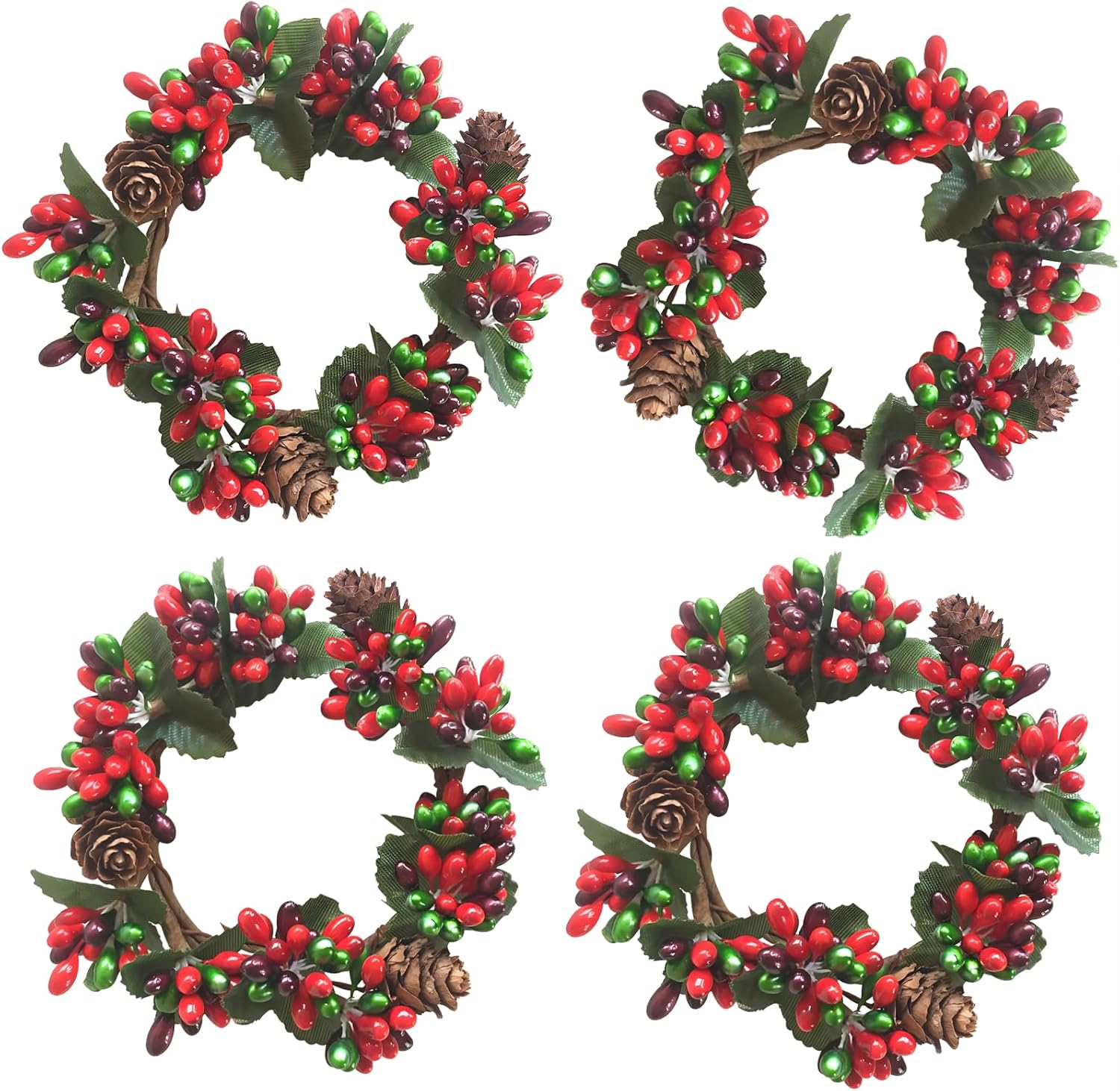 Skiennix Mini Christmas Candle Rings - Red Berry & Pinecone Wreaths for Tea Lights | Holiday Decor