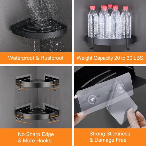 DUFU Adhesive Corner Shower Caddy - No-Drill Rust-Proof Aluminum Organizer | 2-Pack Black