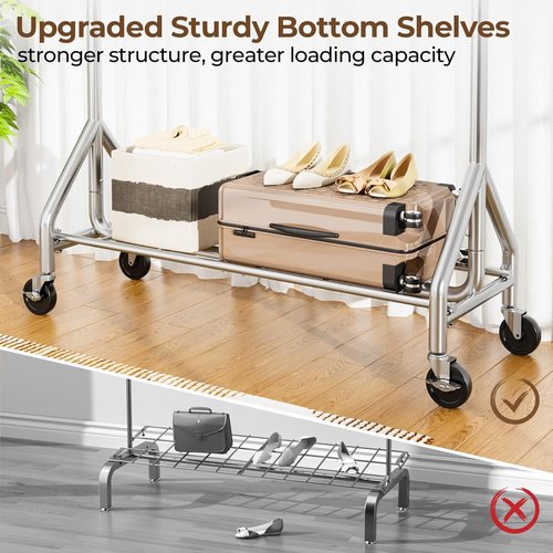 HYSEYY Heavy Duty Clothes Rack - 450 LBS Capacity Metal Garment Rack with Wheels & Shelves | Silver
