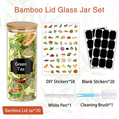 BGraceyy 16 oz 20 pcs Glass Jars with Bamboo Lids, Stackable Clear Food Storage Jars, Airtight Kichen Glass Pantry Storage Containers with Lids for Rice, Candy, Sugar, Flour, Nuts, Cookie, Spice