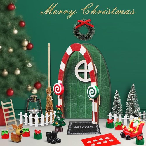 Gerrii Miniature Green Christmas Elf Fairy Door Kit - 25 Pcs Enchanted Decor for Dollhouses & Rooms