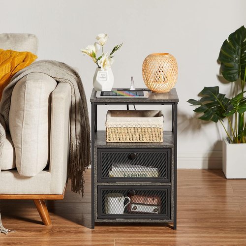 VECELO Oak Gray End Table with USB Ports and Outlets,24 Inch Nightstands with Charging Station and Storage Shelf for Bedroom,Living Room, 2 Set