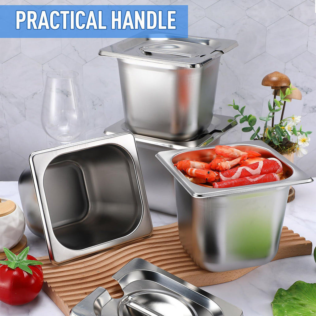 Maxcheck 12 Pcs Stainless Steel Hotel Pan with Lids 1/6 Size Chafing Steam Table Catering Pans with Notched Cover Commercial Stackable Metal Steamer for Buffet Party Storage Food(5.9 Inch)