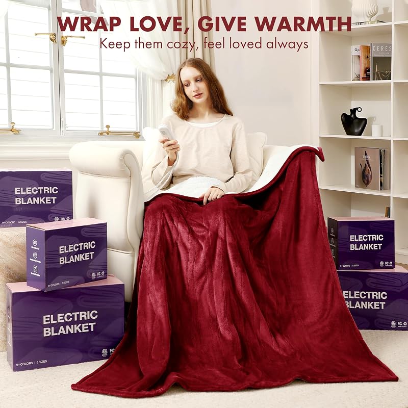 Electric Heated Throw Blanket Red 50" x 60" Flannel Sherpa - 5 Heating Levels, ETL