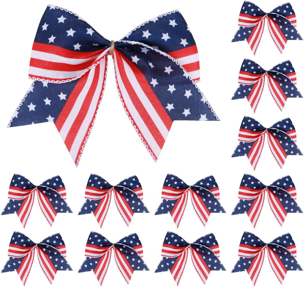 Meseey Patriotic Bow Set - 12 Pcs 6-Inch American Flag Bows for 4th of July Decor & Gift Wrapping