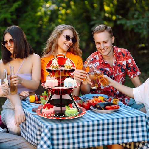 Widecook 3 Tier BBQ Party Cake Stand Decoration Barbecue Theme Summer Cupcake Tower Baby Q Table Decoration Red and Black Gingham Cake Holder for Summer Picnic Camping BBQ Baby Shower Party Supplies