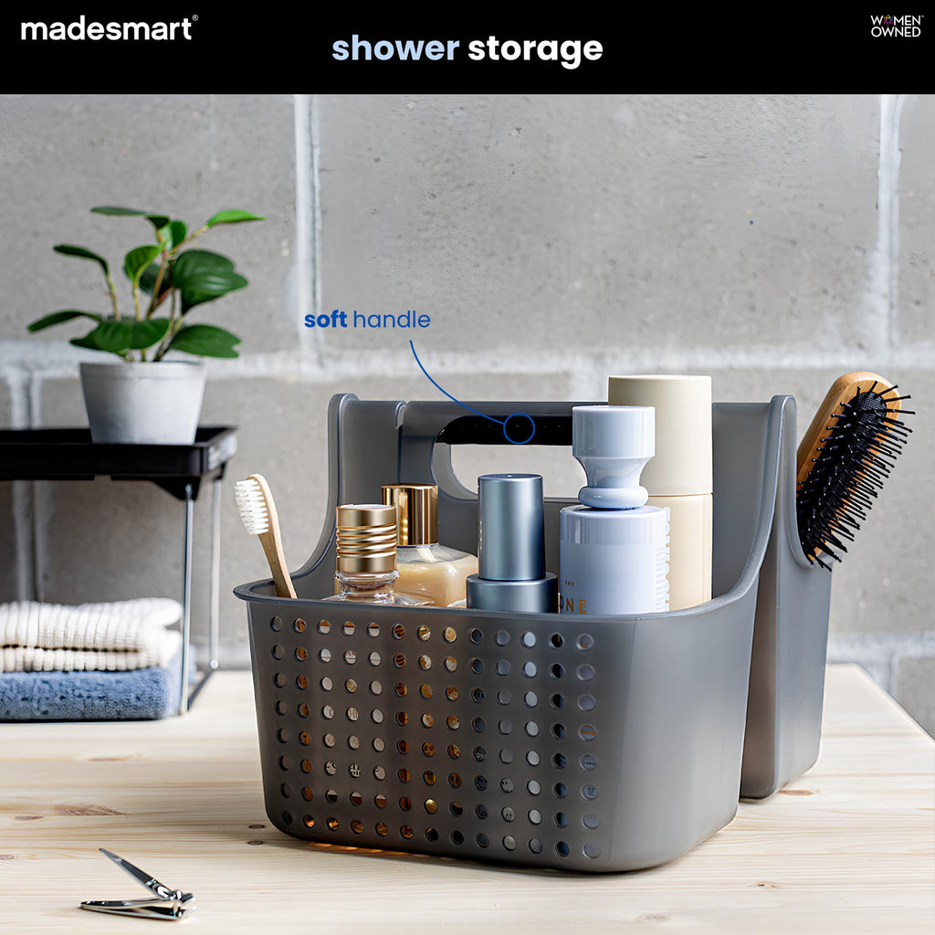 madesmart Portable Shower Caddy Tote with Soft Handle, Plastic Organizer for Soap, Shampoo & Bath Essentials, Carbon