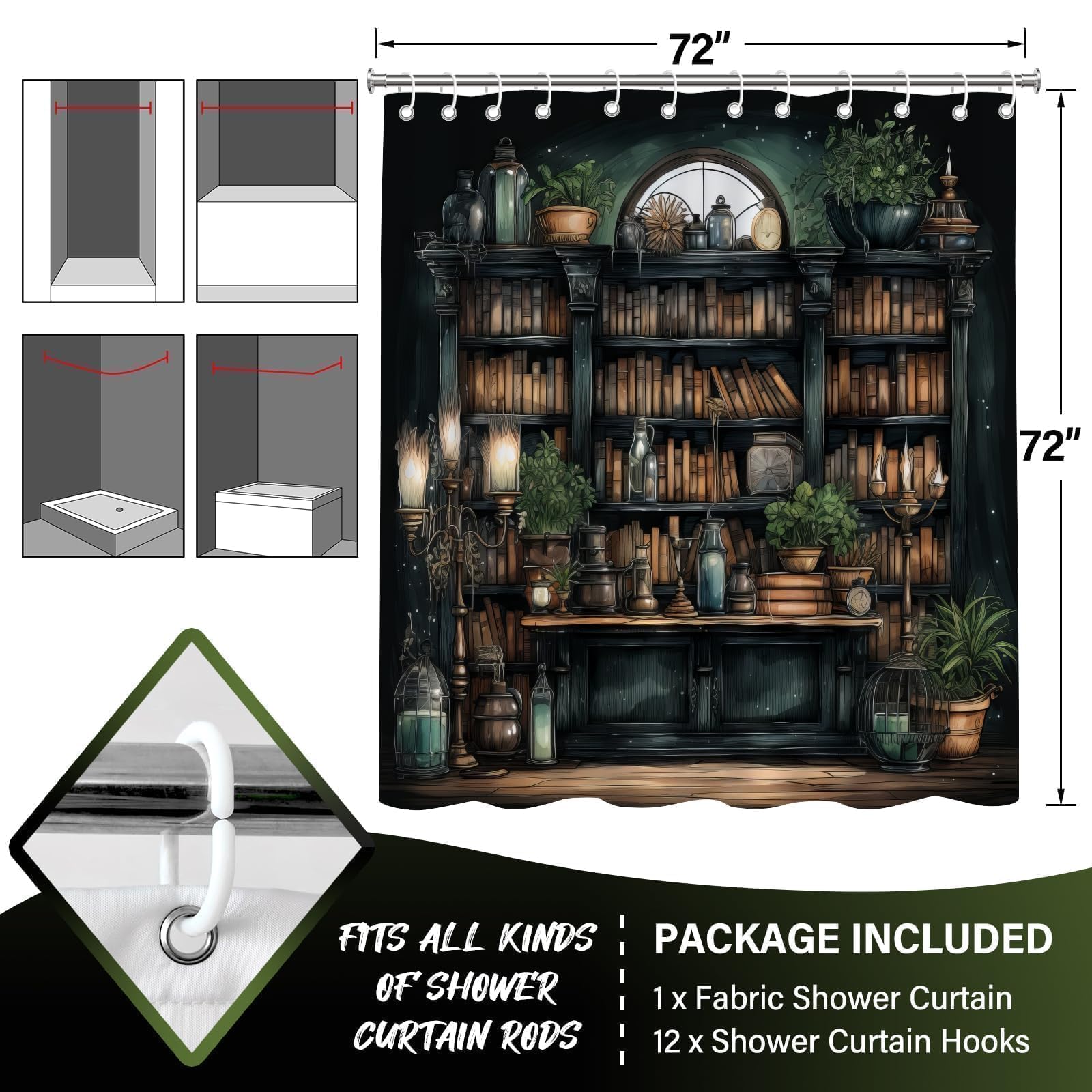 TSLOVER Gothic Bookshelf Shower Curtain for Bathroom Decor,Witchy Dark Academia Shower Curtains with Plant and Bookshelf Decor,Funny Waterproof Polyester Bath Curtains,72x72 Inch