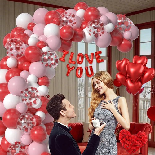 Yumiche 617PCS Valentines Balloon Arch, I Love You Balloon, Red Pink White Heart Balloon And Rose Petals For Valentines Day Wedding Engagement Anniversary Romantic Decorations Special Night