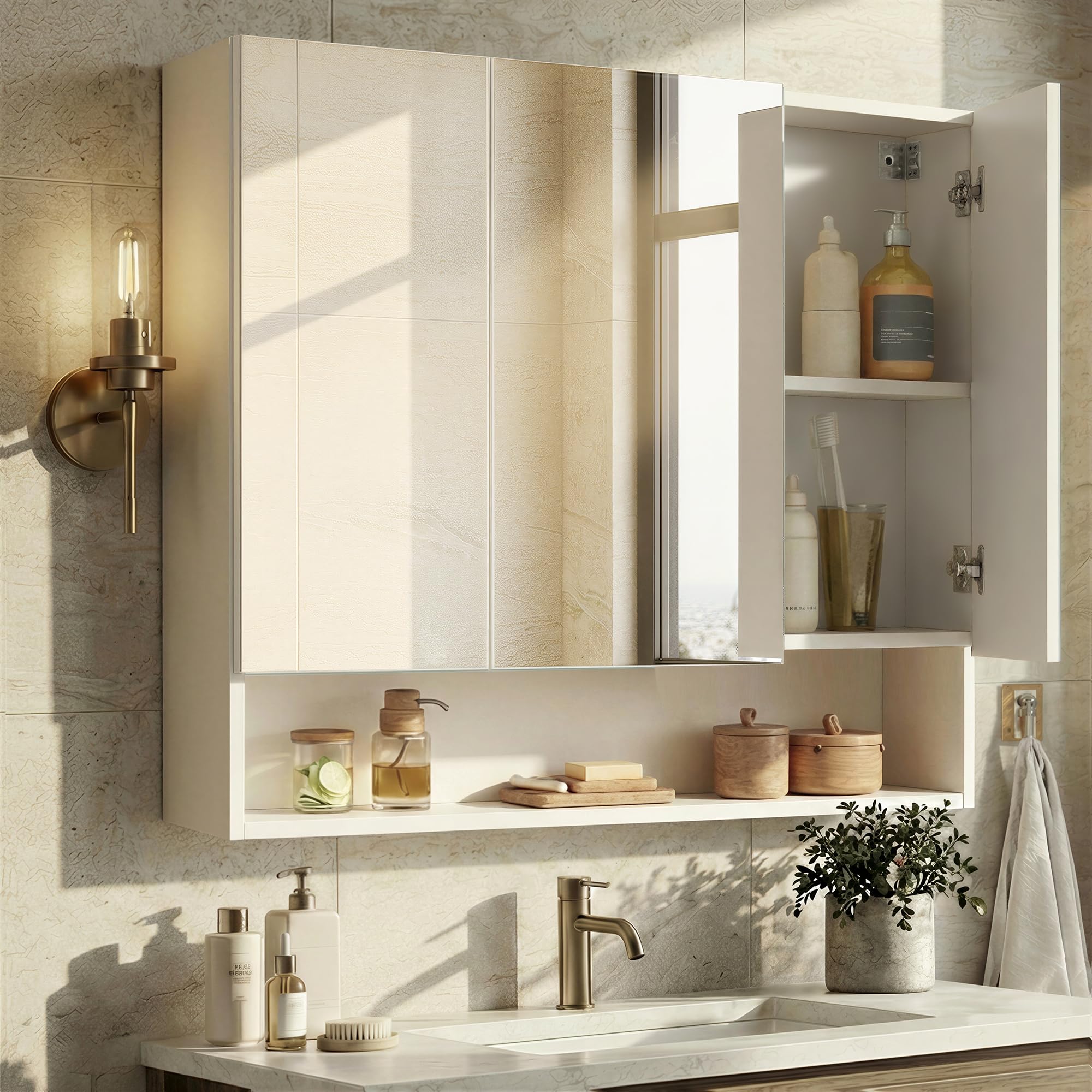 VASAGLE Kailyn Collection - Medicine Cabinet Mirror, Bathroom Wall Mirror Cabinet with Storage, Open Compartment, Adjustable Shelves, Modern Style, 6.5 x 35.4 x 29.5 Inches, Cloud White UBBK130W01