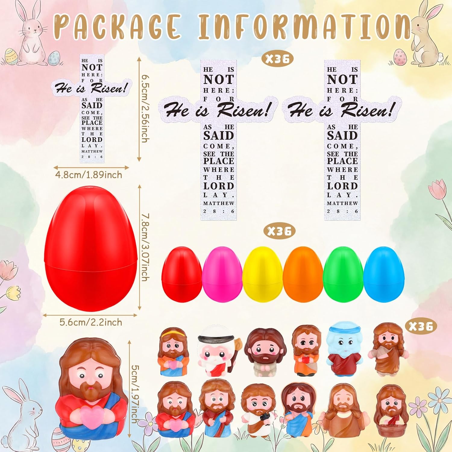 Novabright Easter Egg Set - 36 Colorful Eggs with Jesus Figures & Scripture Stickers for Church Hunts