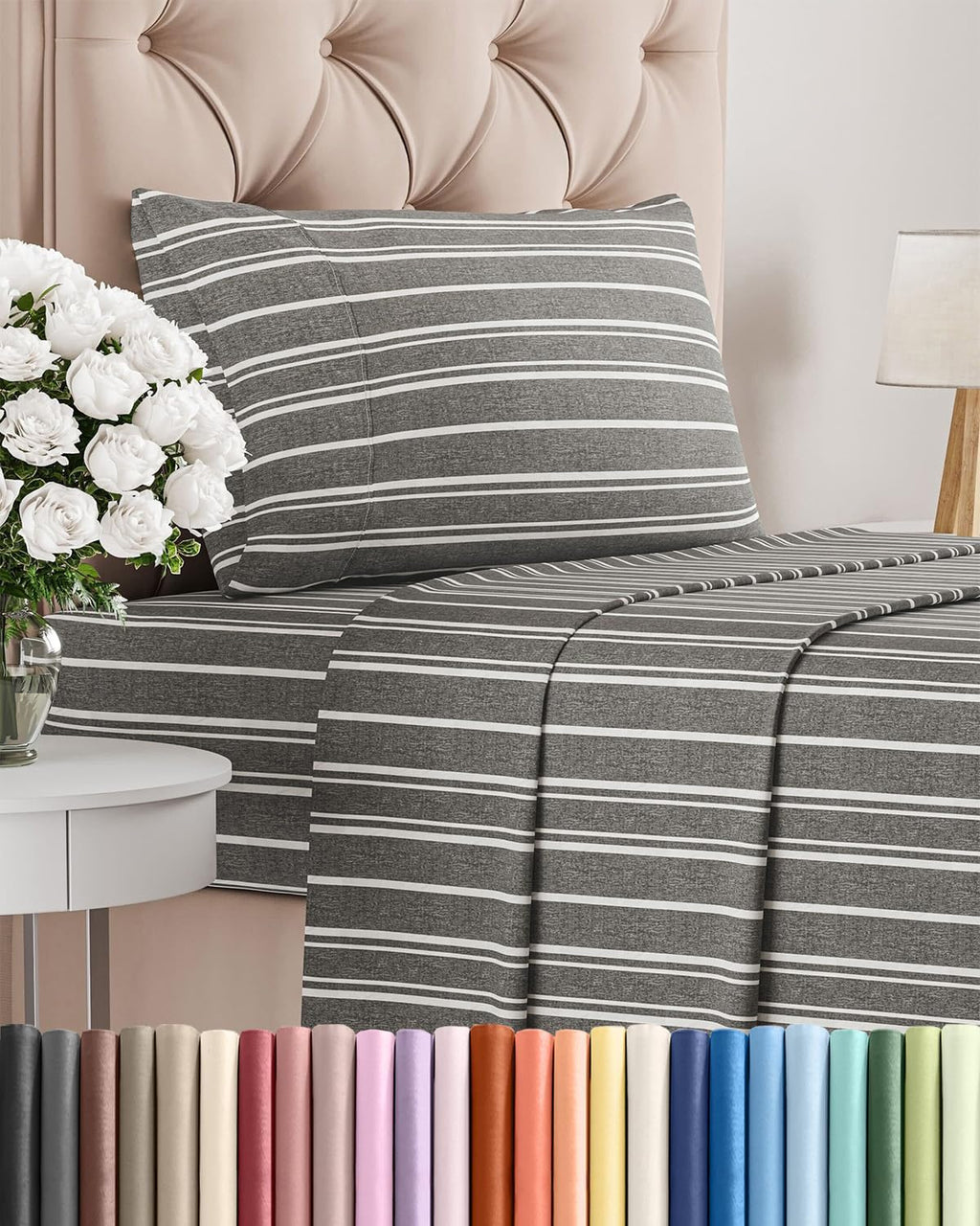 Skiennix Twin Size Sheet Set - Comfy Cooling Bed Sheets | Luxury Hotel Quality - Deep Pockets, Soft, Grey Stripes