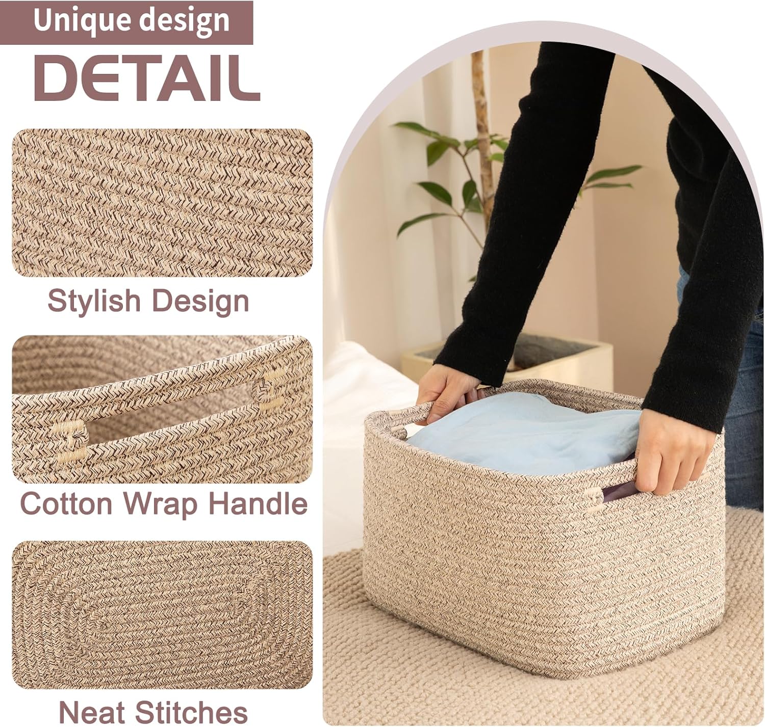 OIAHOMY Storage Baskets - 4 Pack Woven Cube Organizers with Handles | 16''L x 12''W x 8''H, Brown