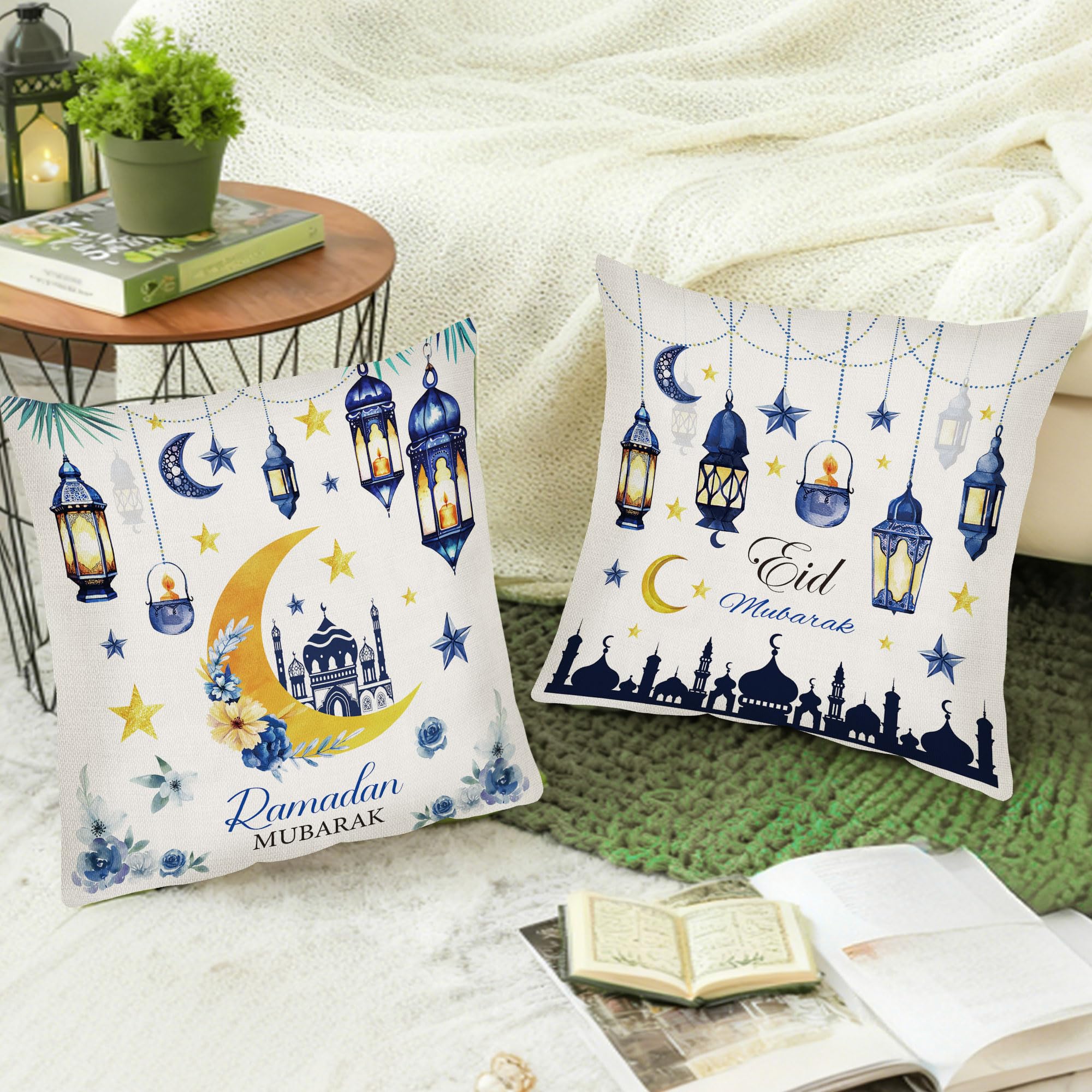 CRASHOT Ramadan Pillow Covers 18 x 18, 4 Pcs Blue and Gold Moon Floral Throw Pillow Cases, Linen Ramadan Decorations for Home, Islamic Festival Holiday Decor for Sofa Couch
