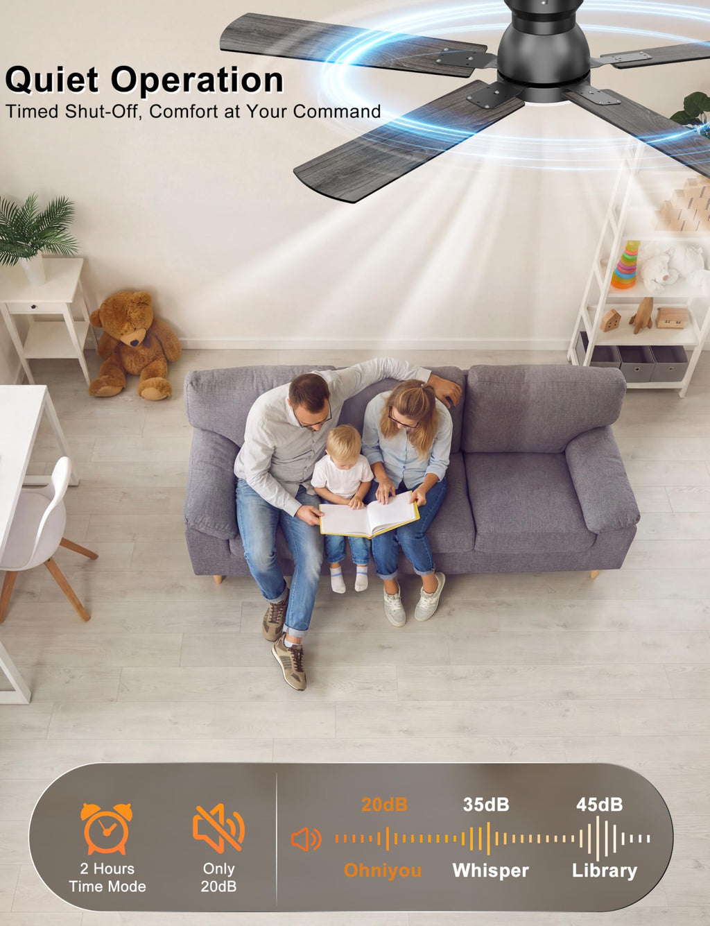 Ohniyou Ceiling Fans with Lights, 52 Inch Low Profile Ceiling Fan with Light and Remote/APP Control, Flush Mount, Dimmable, Qiuet DC Motor, Black Ceiling Fan for Bedroom, Living Room