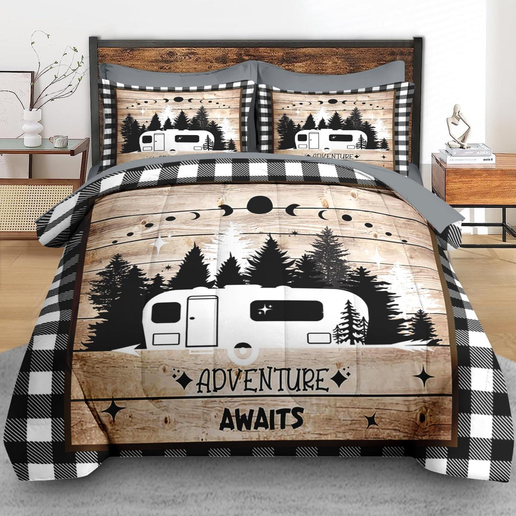 Pamnest Comforter Set Queen Size, Camper Rv Camping 7 Pcs Bedding for Kids and Adults, Car Bed Sheet Sets with Fitted Sheet 2 Pillowcases & 2 Shams for Bedroom Bed Decor