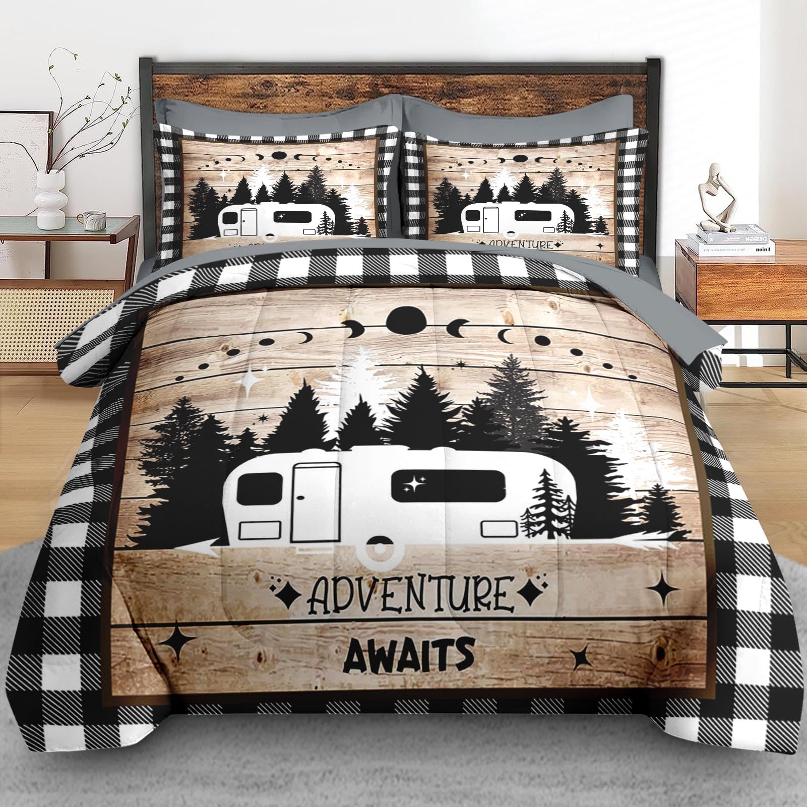 Pamnest Comforter Set Queen Size, Camper Rv Camping 7 Pcs Bedding for Kids and Adults, Car Bed Sheet Sets with Fitted Sheet 2 Pillowcases & 2 Shams for Bedroom Bed Decor
