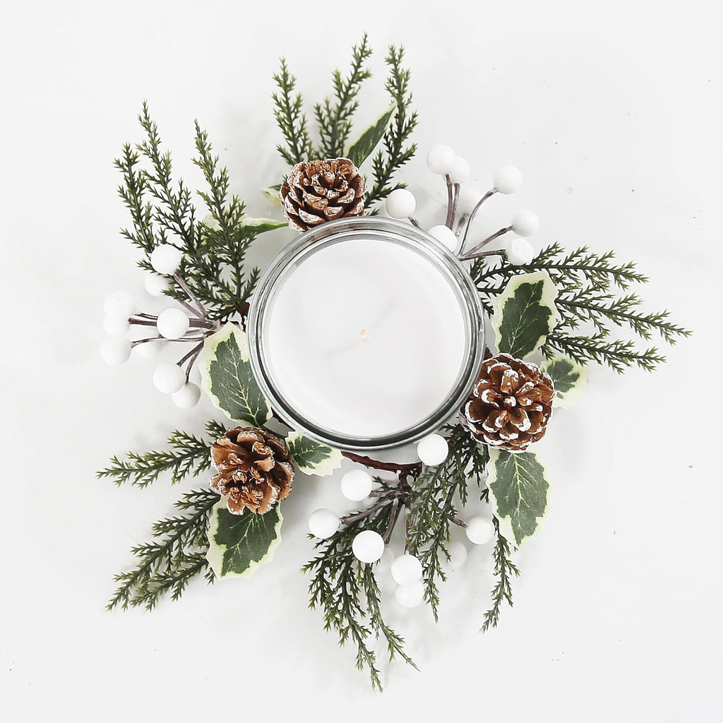 Regine Switzerland Christmas Greenery Candle Rings - 12 Pack with White Berries & Pine Cones | Festive Table Decor