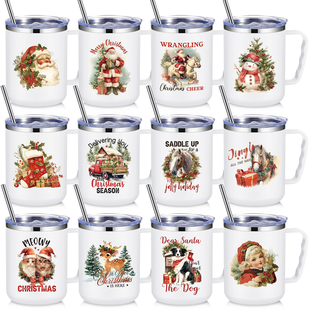 Umigy 12 Pcs Christmas Coffee Mug Employee Appreciation Gift Bulk Christmas 17oz Tumbler with Handle Vacuum Stainless Steel Insulated Xmas Cup for Coworker Nurse Teacher(White,Nostalgic Style)