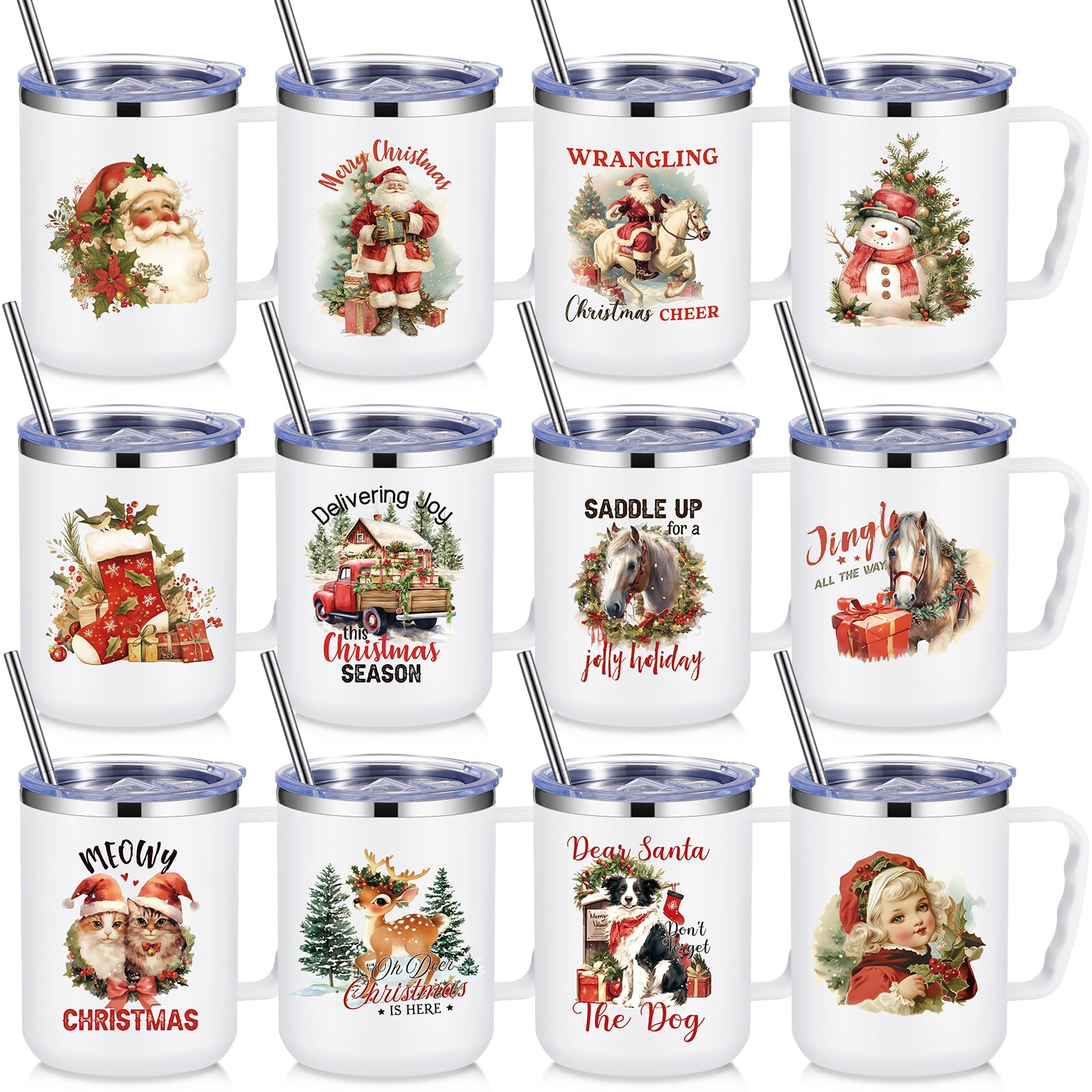 Umigy 12 Pcs Christmas Coffee Mug Employee Appreciation Gift Bulk Christmas 17oz Tumbler with Handle Vacuum Stainless Steel Insulated Xmas Cup for Coworker Nurse Teacher(White,Nostalgic Style)