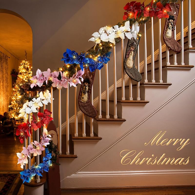 6ft Christmas Glitter Berry Garland with Lights - Pink Holly Leaves Decor