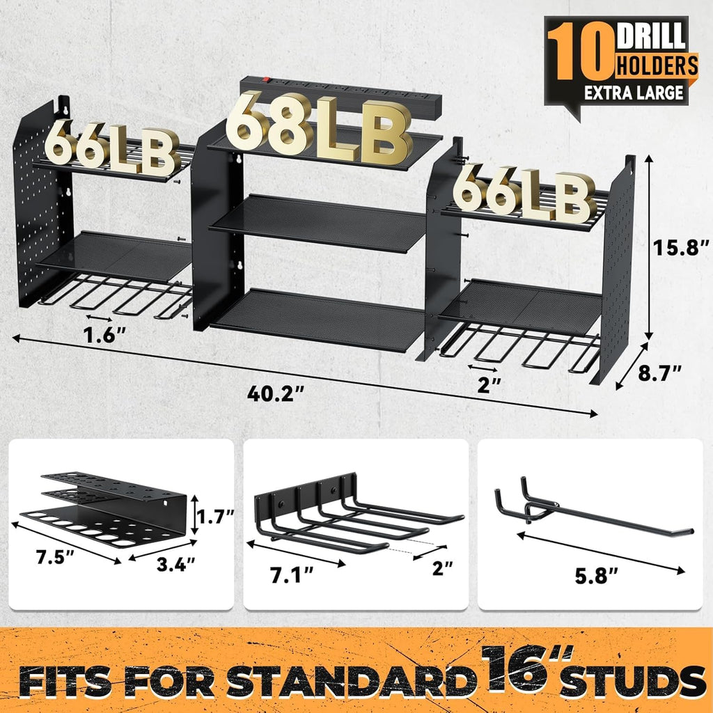 Upgrade Large Power Tool Organizer - Wall Mount with Charging Station & 10 Drill Holders for Garage
